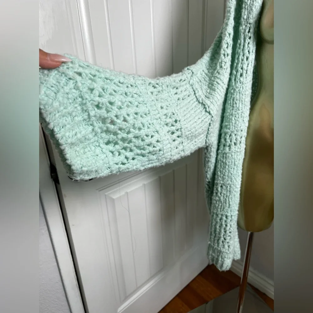 Free People Saturday Morning Oversized Mint Green Open-Knit Cardigan - Picture 5 of 7